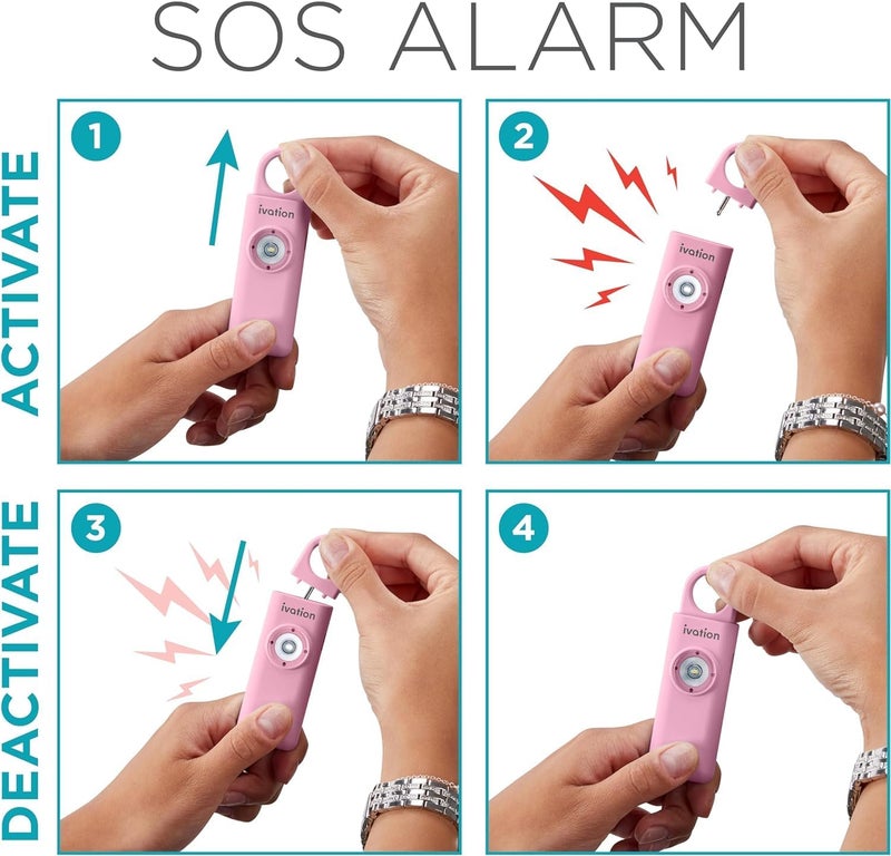 Ivation Personal Rechargeable SOS Alarm, Pocket Size Loud 130dB Sound Safety Siren & LED Panic Strobe Light with Carabiner Keychain Clip for Women, Children & Seniors, Pink - Image 2